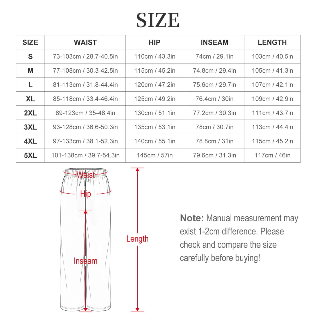 Men's Drawstring Wide Leg Casual Pants size chart