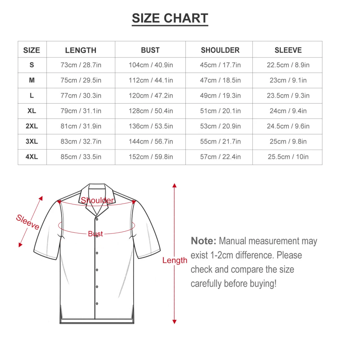 Camp Collar Shirt AY006 size chart