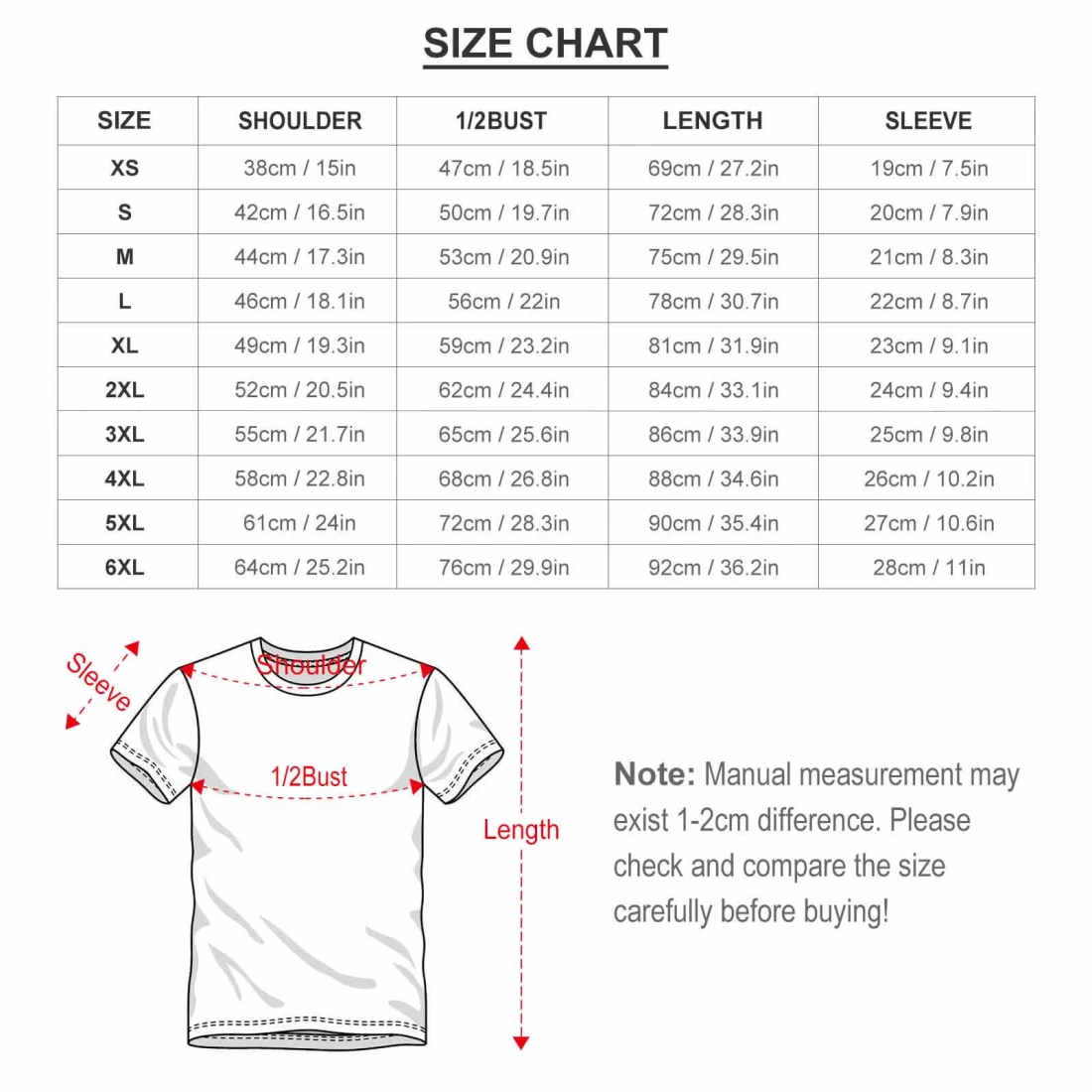 Men's All Over Print T-shirt OMDT01 size chart