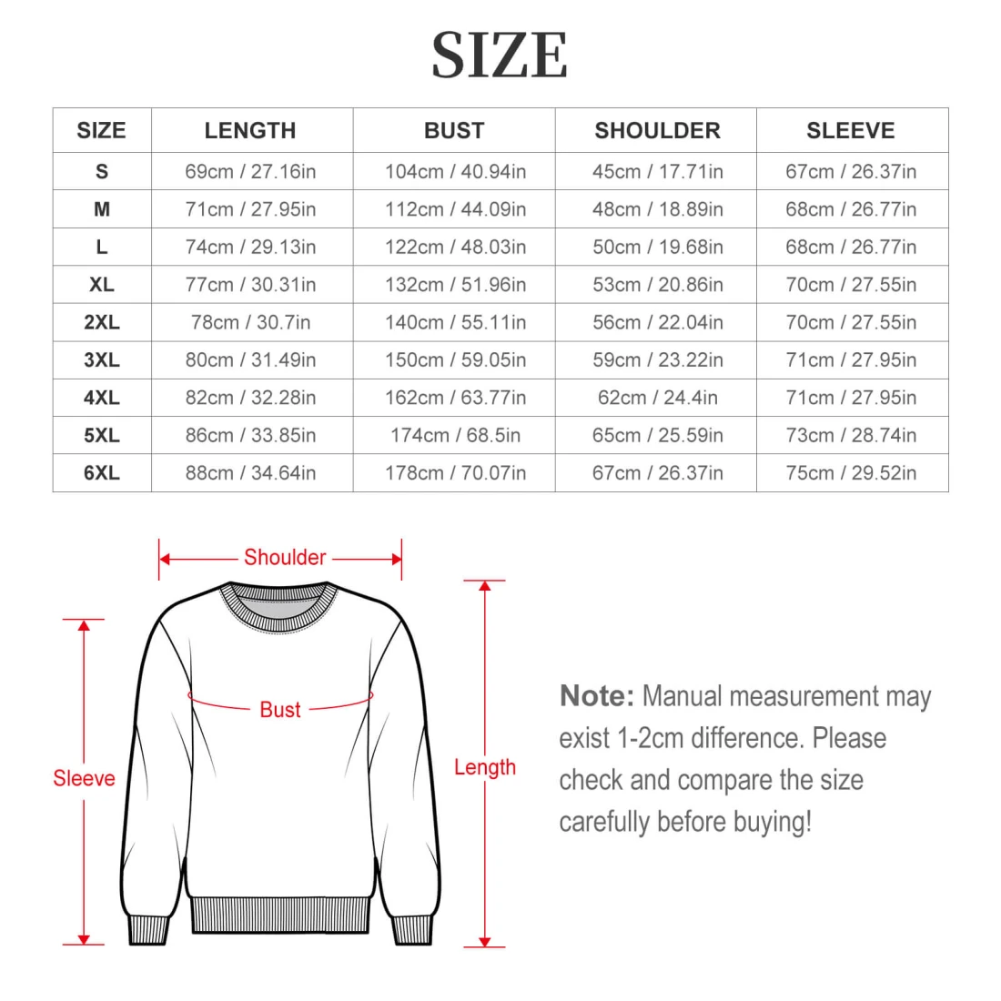 All Over Print Sweater size chart