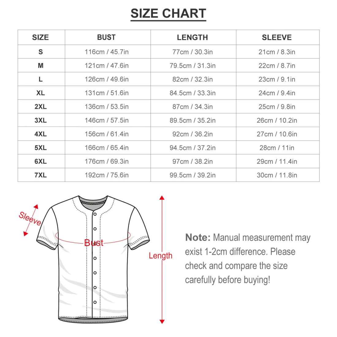 Men's Baseball Jersey J50T size chart