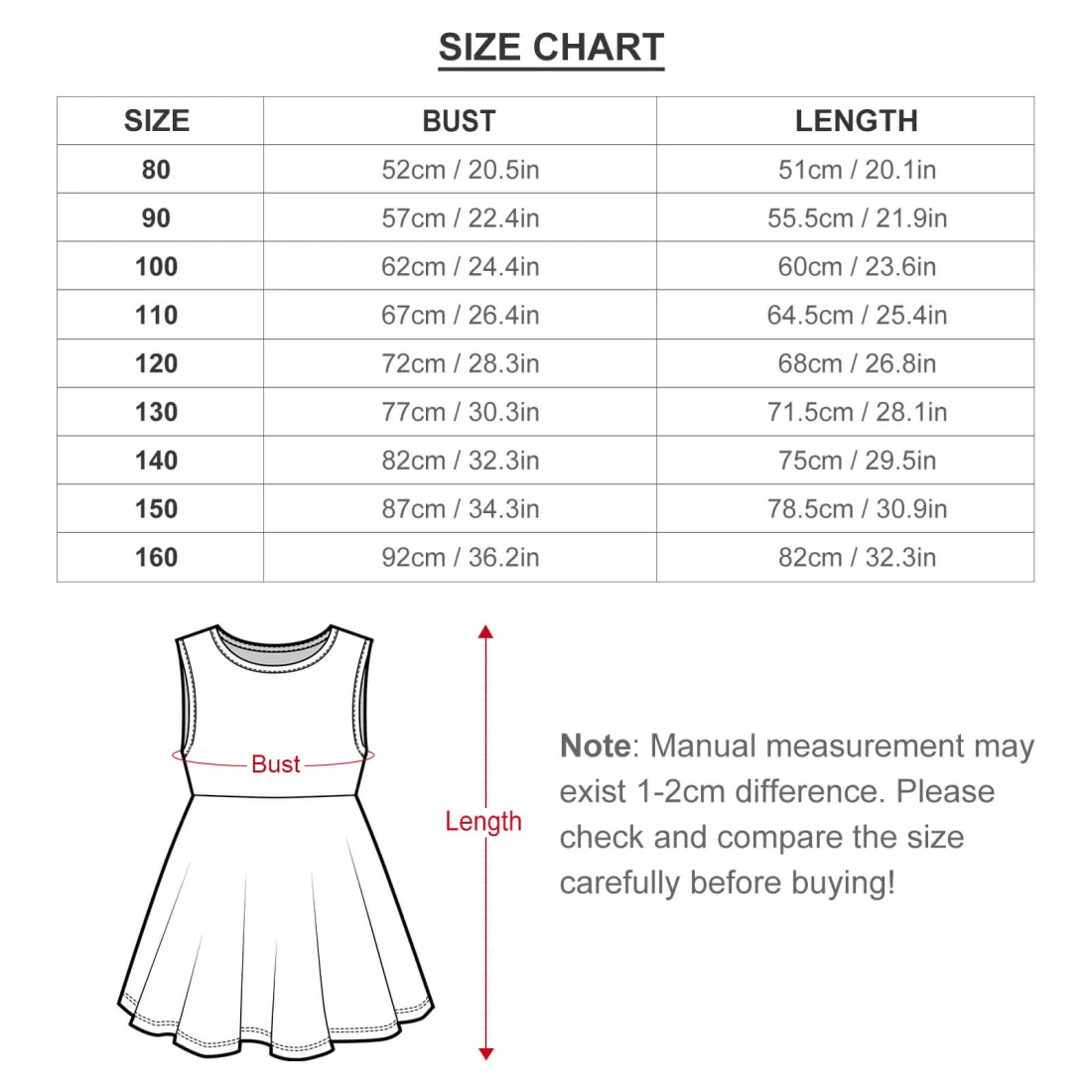 Girl's All Over Print Dress size chart