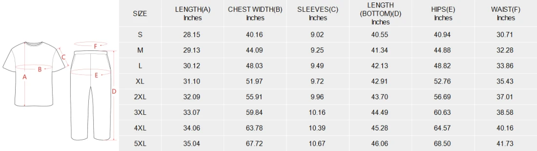 Men's Crew Neck Pajama Set (Model Sets 31) size chart