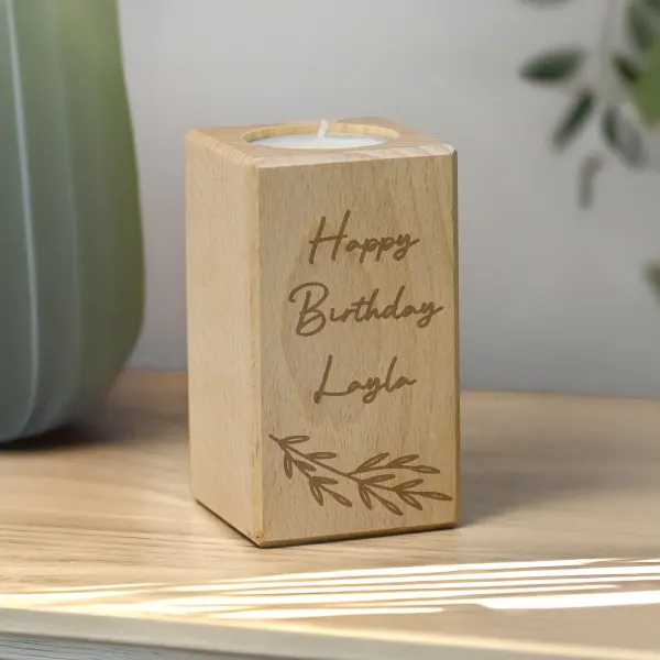 Custom Botanical Wood Tealight Holder, Personalised Engraved Keepsake Candle Decor