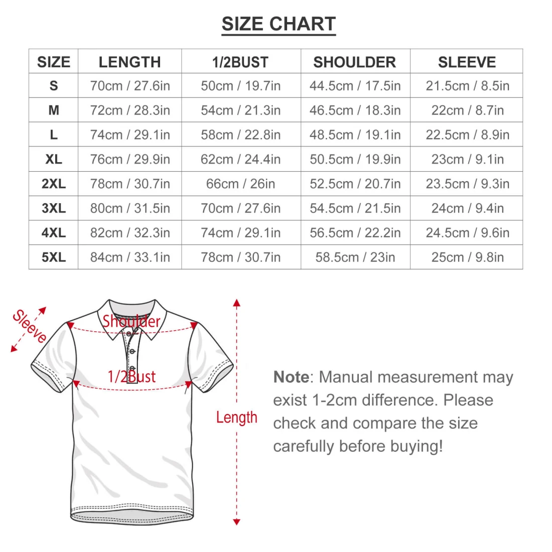 Men's Polo Shirt B612 (European Size) size chart
