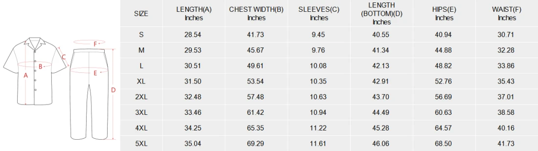 Men's V-Neck Pajama Set (Model Sets 32) size chart