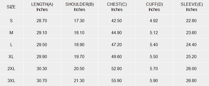 Man's Half Button Hooded Long Sleeve Sweatshirt size chart