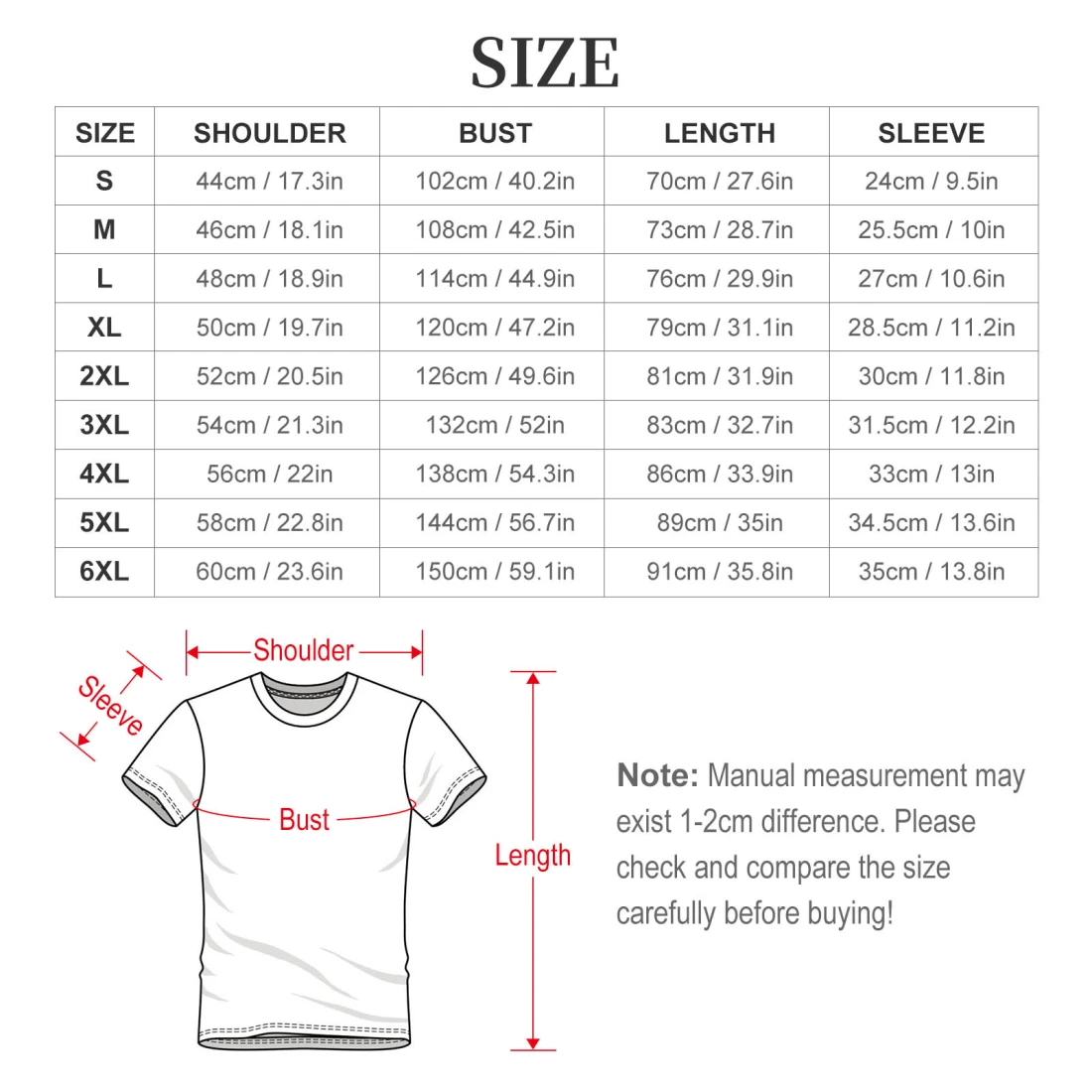 All Over Print Men's T-shirt size chart