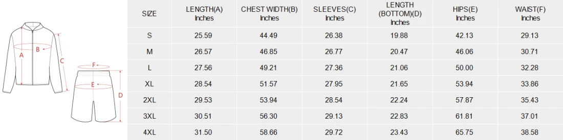 Men's Lightweight Outdoor Hoodie & Shorts Set (Model Sets 34) size chart