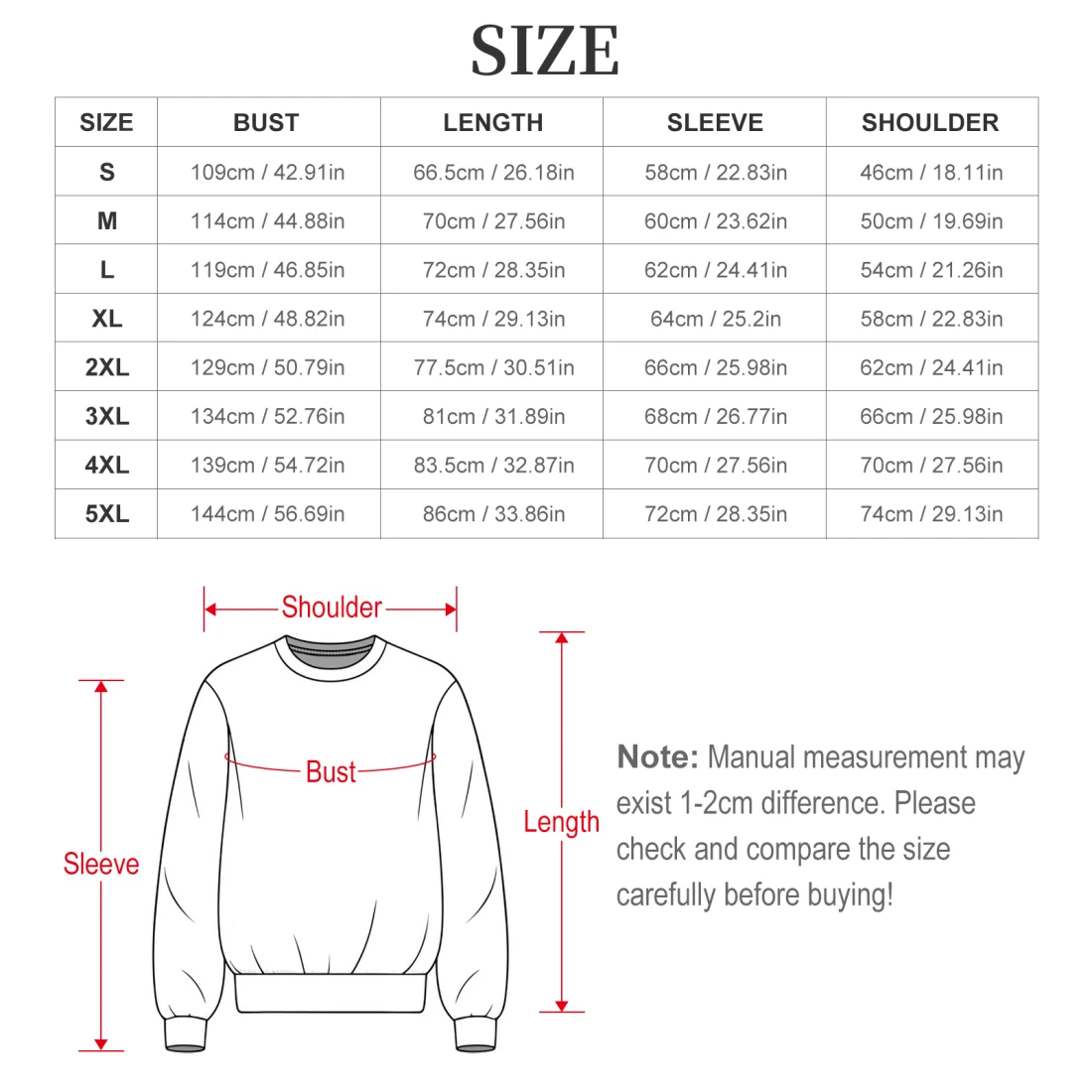 All Over Print Sweatshirt size chart
