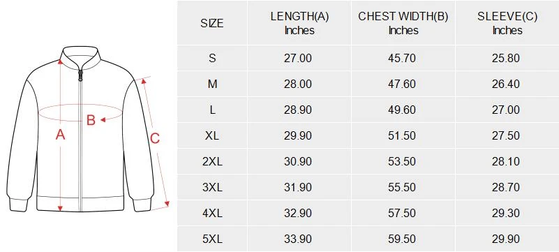 Men's Bomber Jacket (Model H65) size chart