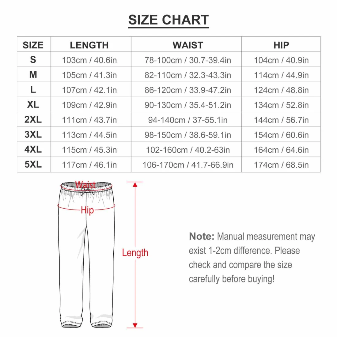 Men's Flannel Lounge Pants size chart