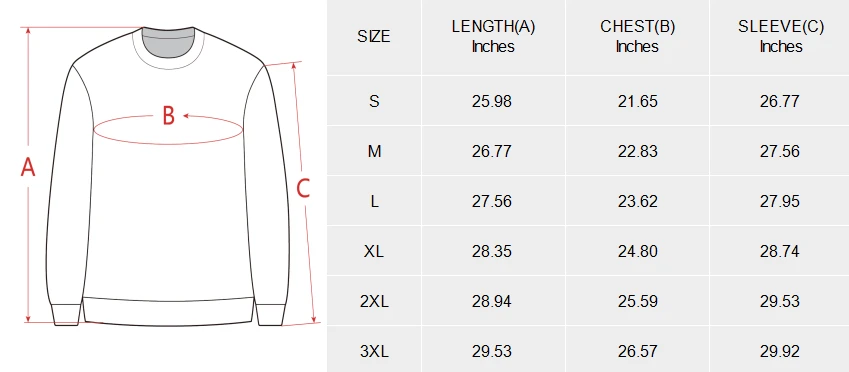 Custom Men's Sweater size chart