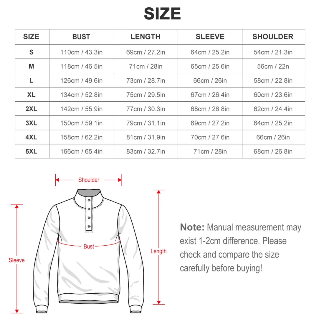 Men's Stand Collar Sweatshirt size chart