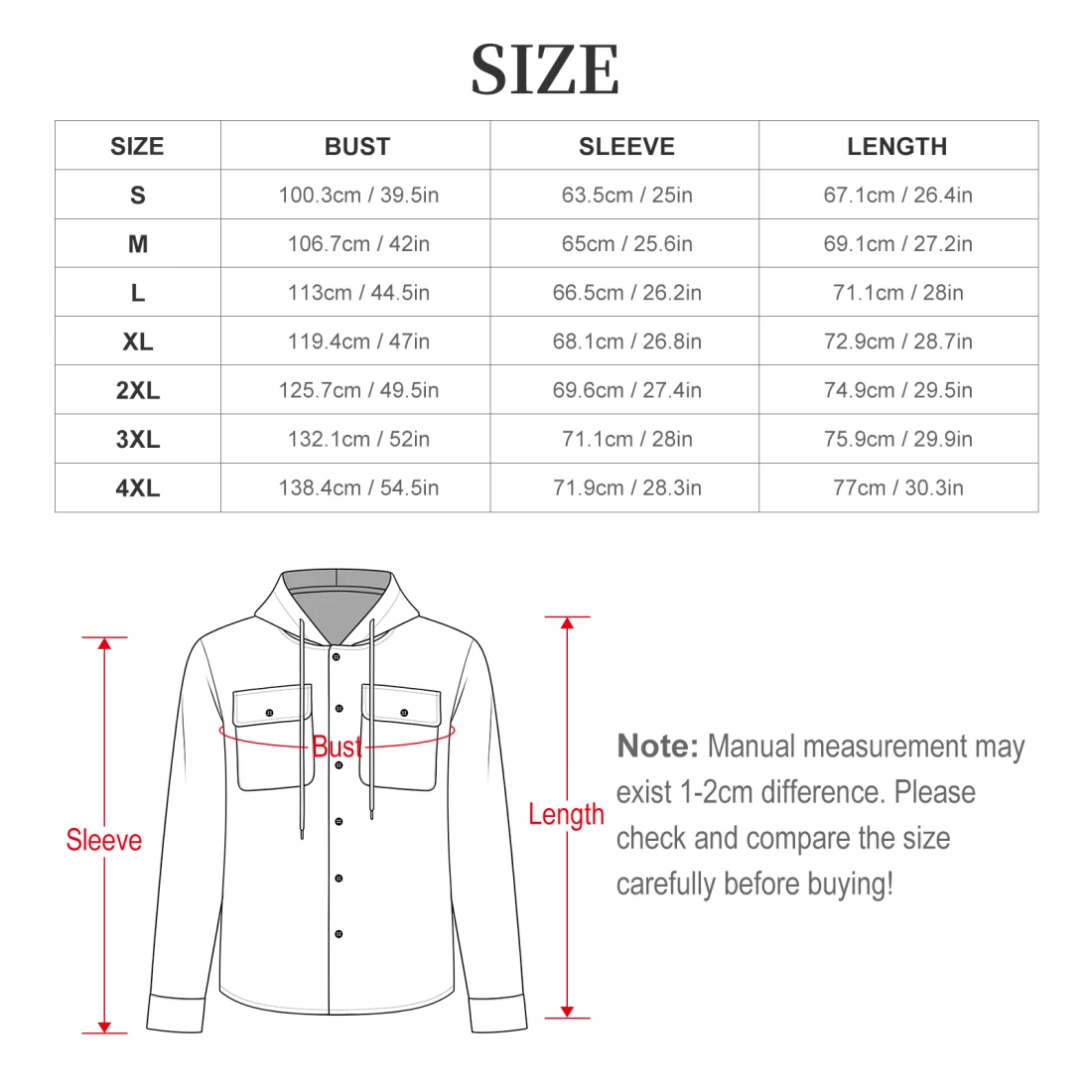 Men's Long‑Sleeve Hooded Jacket size chart