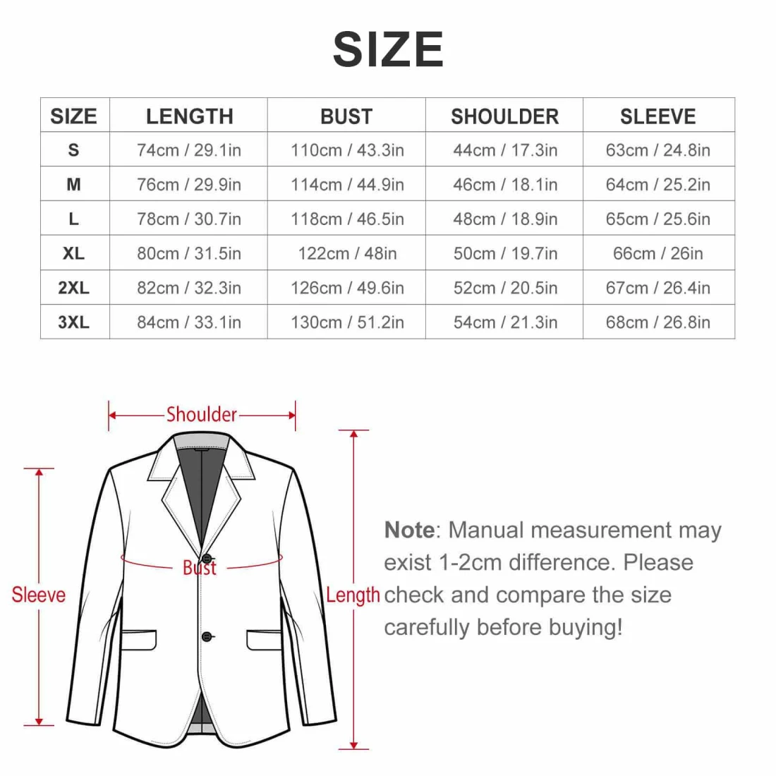 All Over Print Men's Blazer size chart