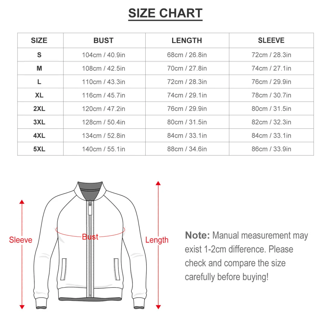 Raglan Sleeve Round Neck Zipper Shirt WY10 size chart