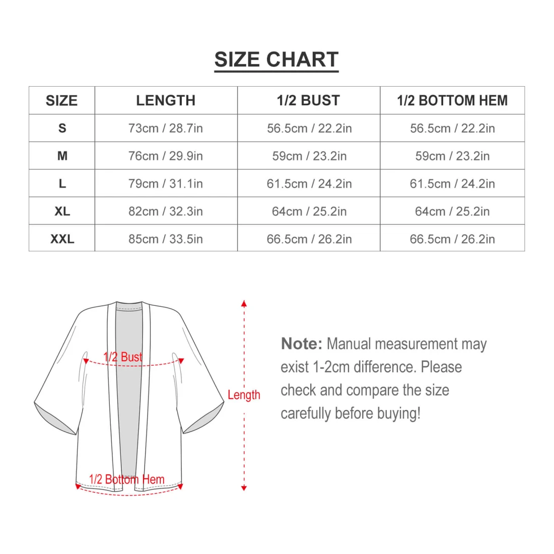 Men's Kimono Jacket ZS904 size chart