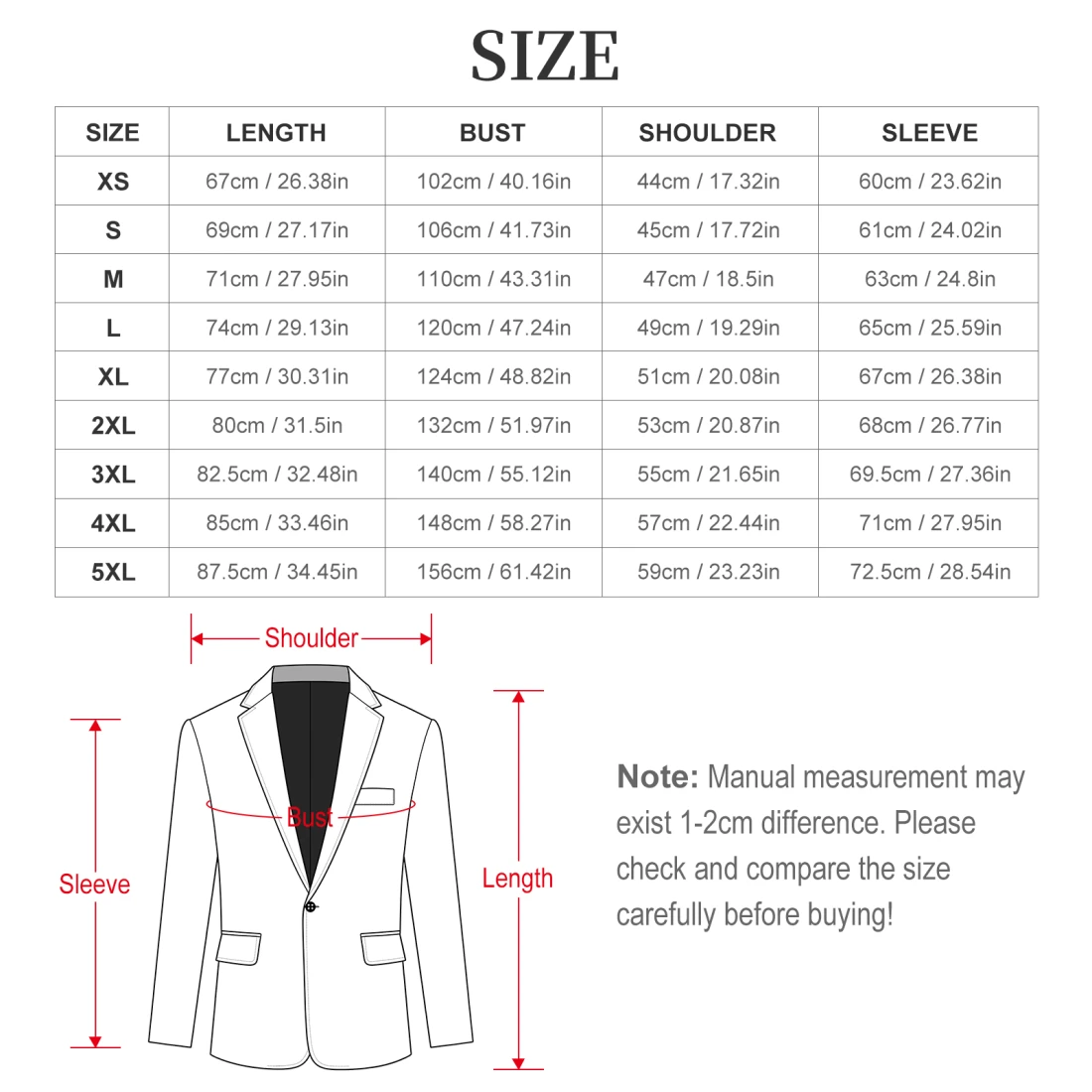 Men's Single‑button Blazer size chart