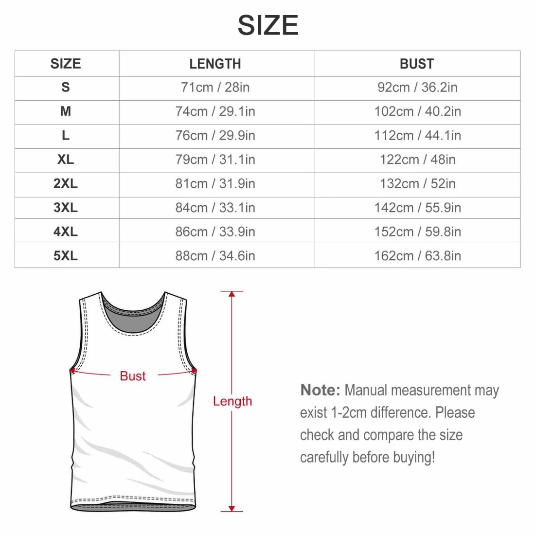 Tank Top with Multicolor Prints size chart