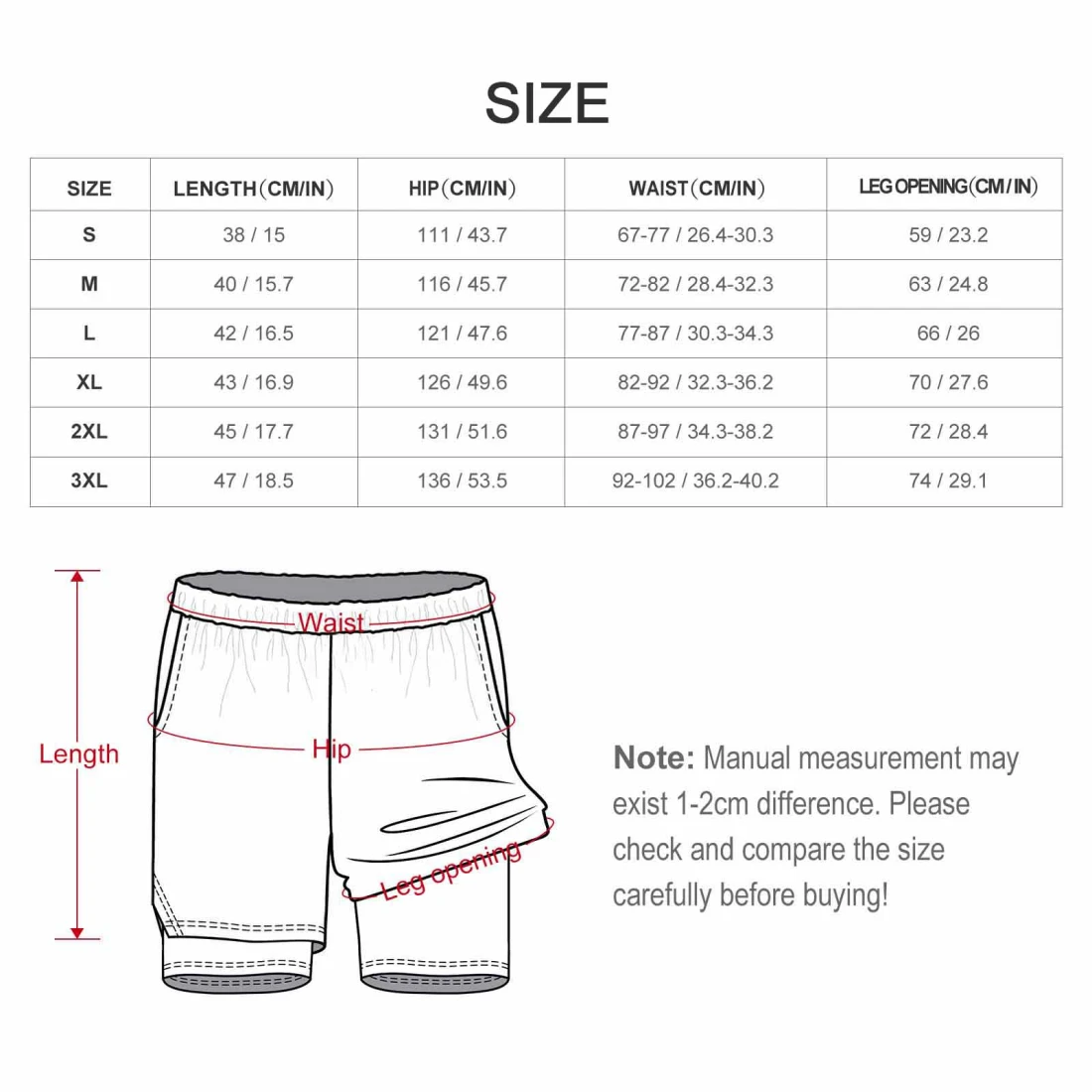 Men's Sports Beach Shorts (DS076) size chart