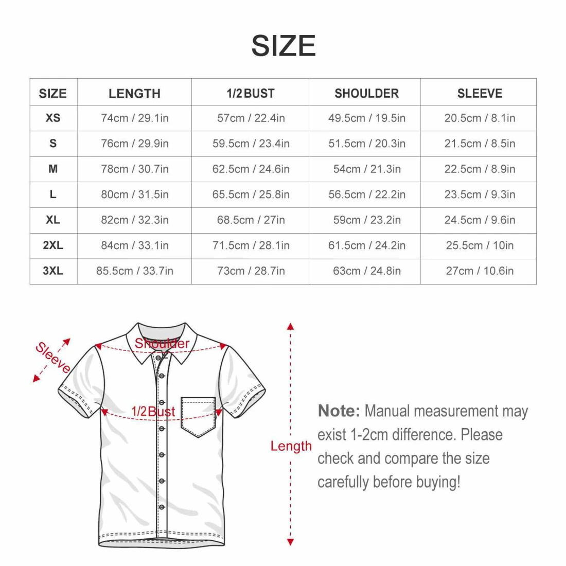 Men's Satin Short Sleeve Pajama Set size chart