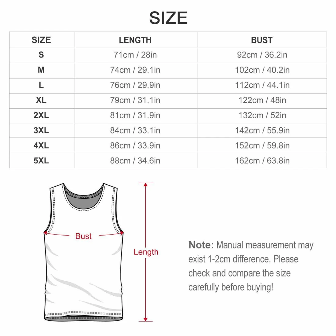 Men's Tank Top (EU Size) (Front Side Printing) size chart