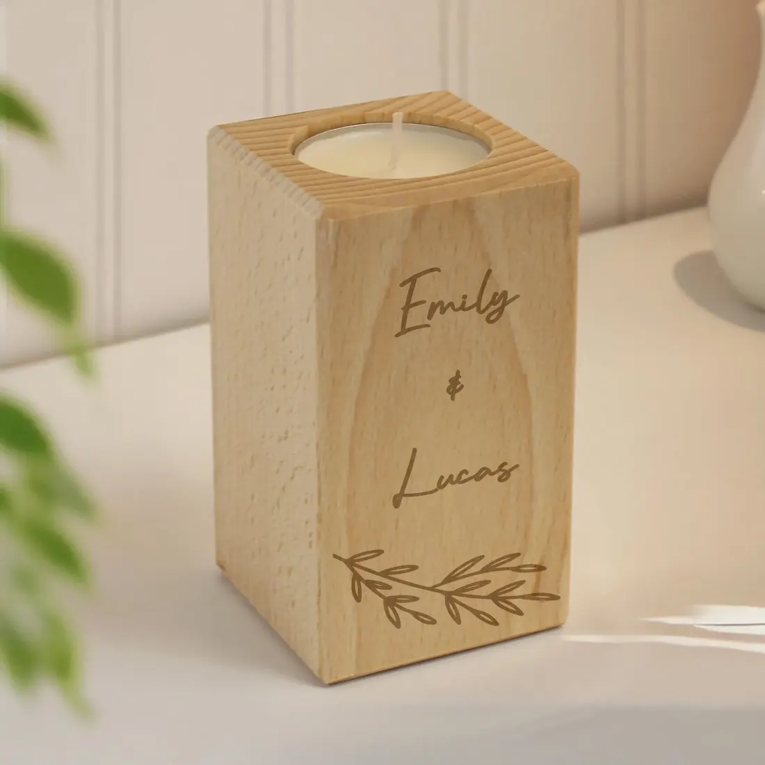Custom Botanical Wood Tealight Holder, Personalised Engraved Keepsake Candle Decor — photo 5