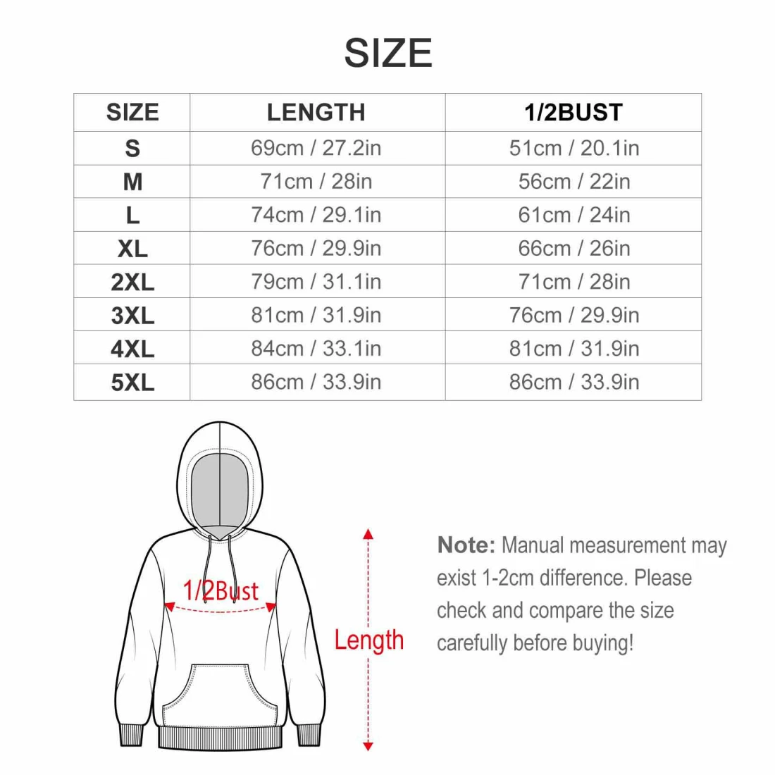 Unisex Cotton Hooded Sweatshirt size chart