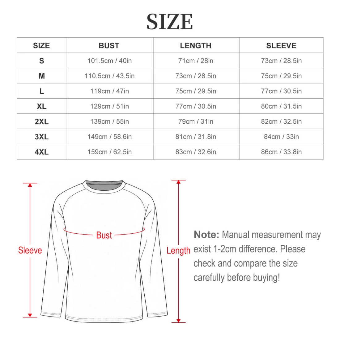 Men's Raglan Long Sleeve Crew Neck Pajama Set size chart