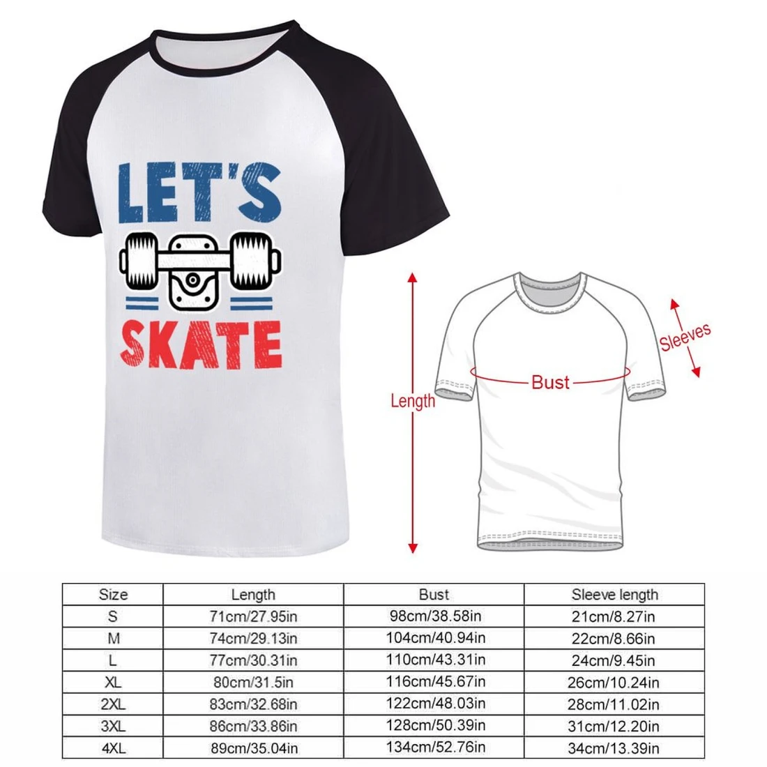 Men's Short Sleeve Raglan T-Shirt（Front Printing） size chart