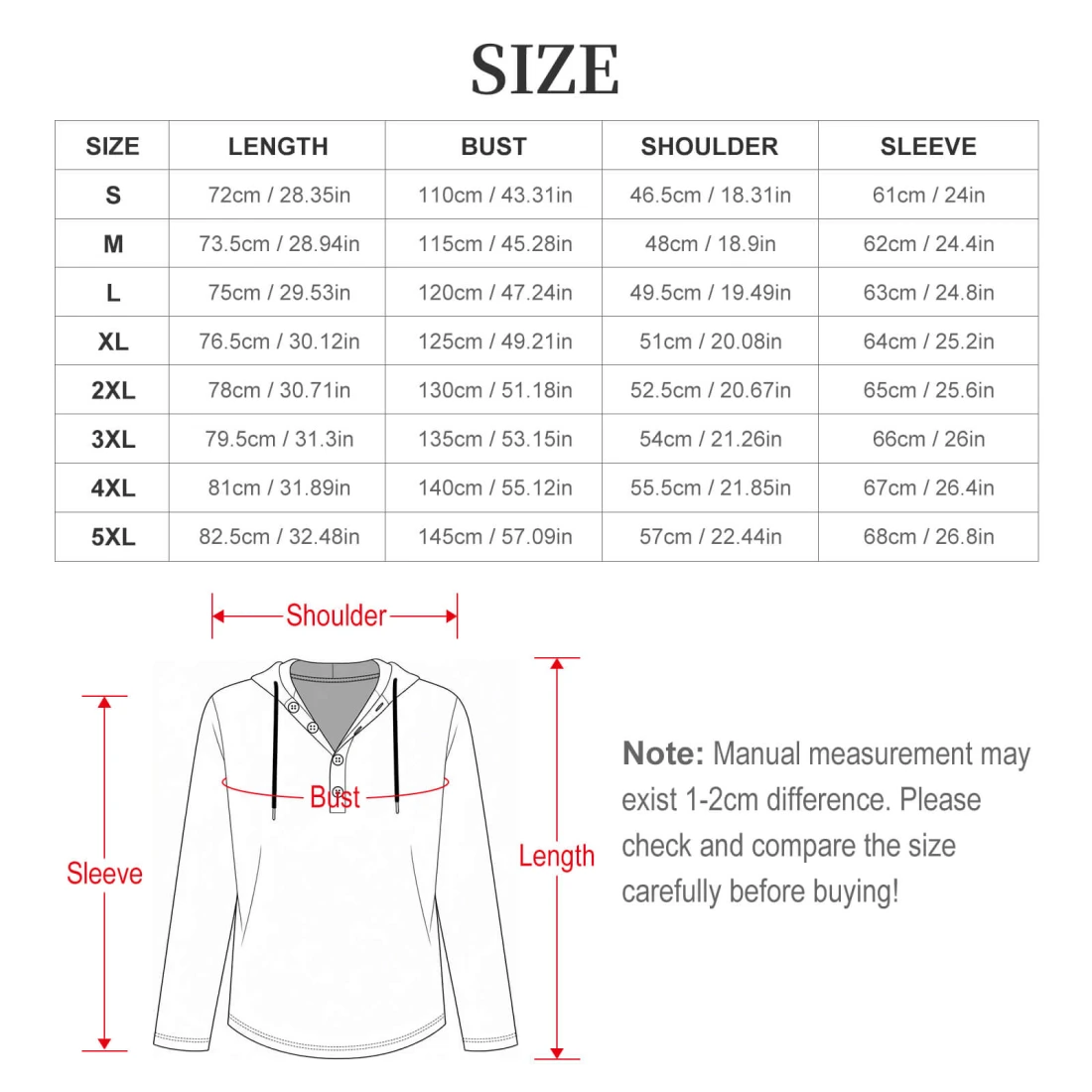 Men's Casual Button Hoodie size chart