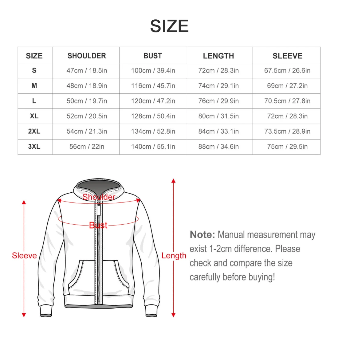 Custom Men's Full-Zip Hoodie size chart