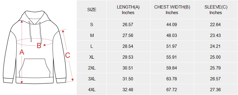 Men's All Over Print Hoodie (Model H61) size chart 2