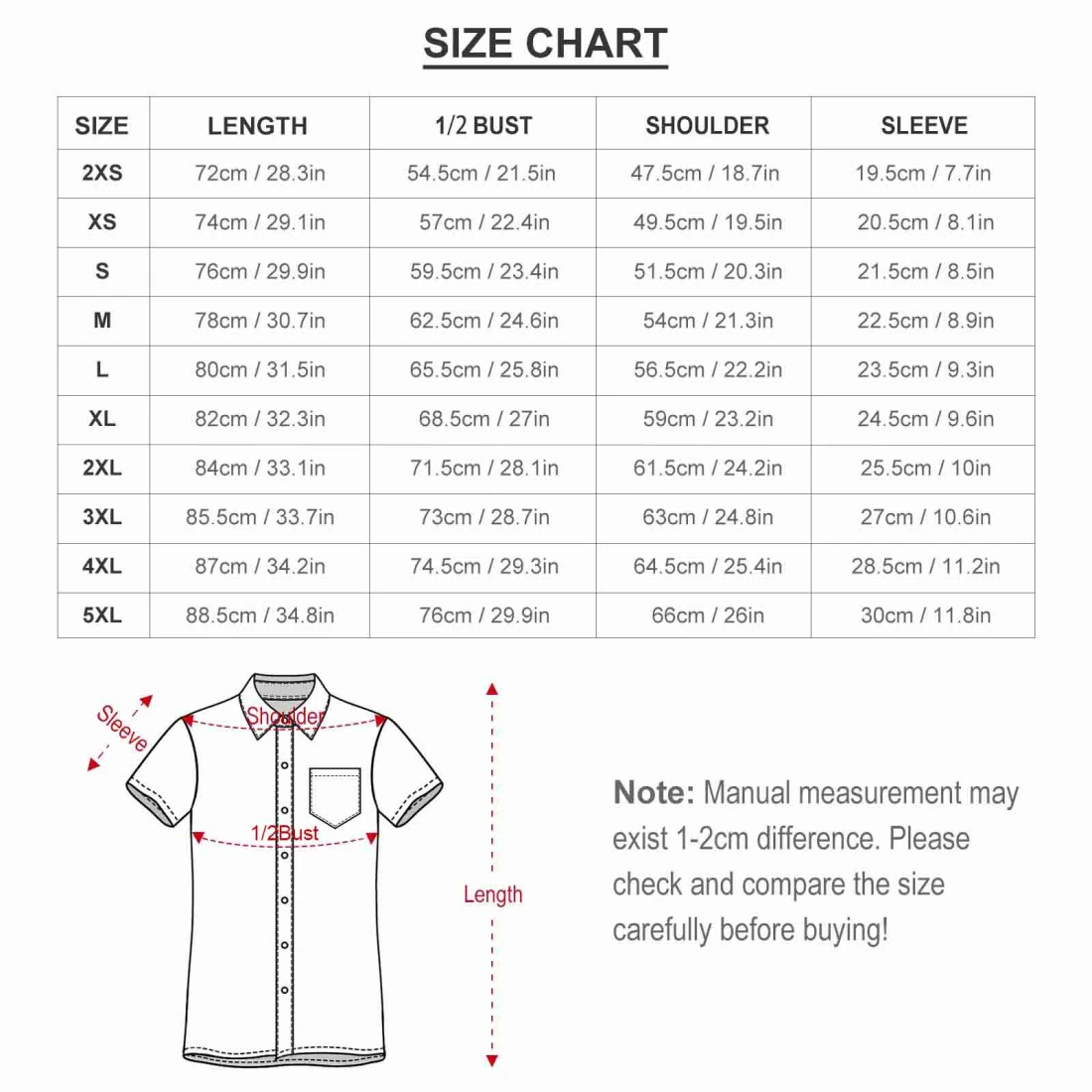 Men's Casual Short Sleeve Shirt size chart