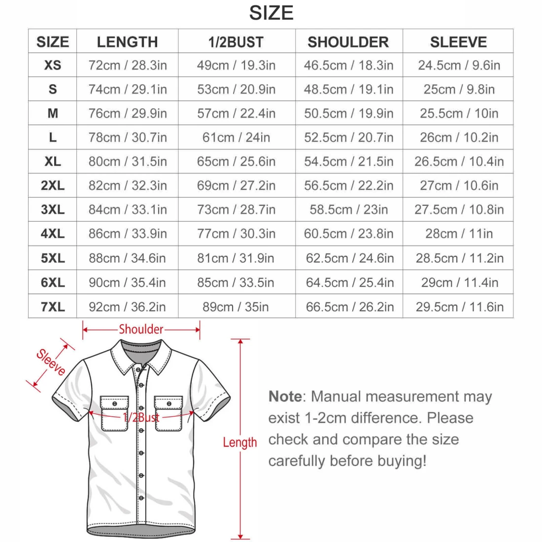 Polo Collar Short Sleeve Shirt size chart