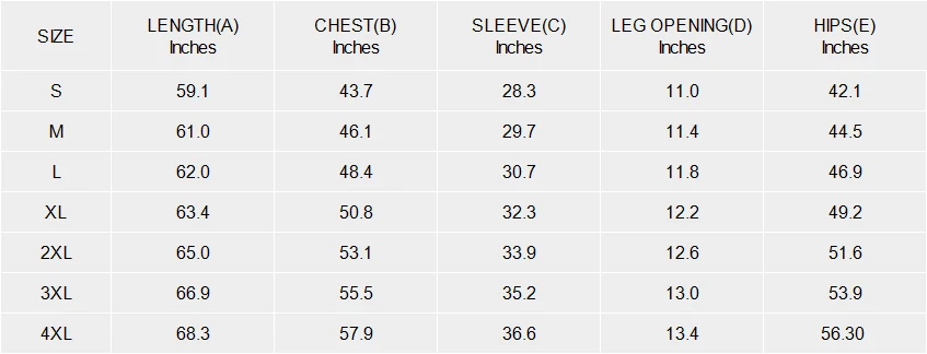 Men's Hooded Long Sleeve Zipper Jumpsuit size chart