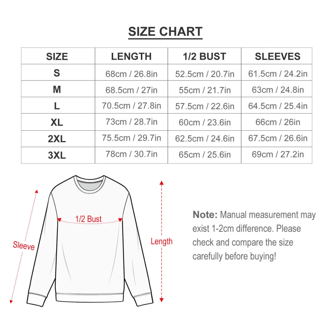 Crewneck Sweater (MY09) size chart
