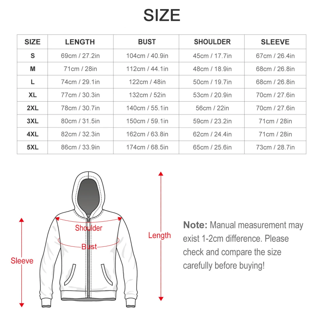 Double Layer Fleece Zippered Hoodie size chart