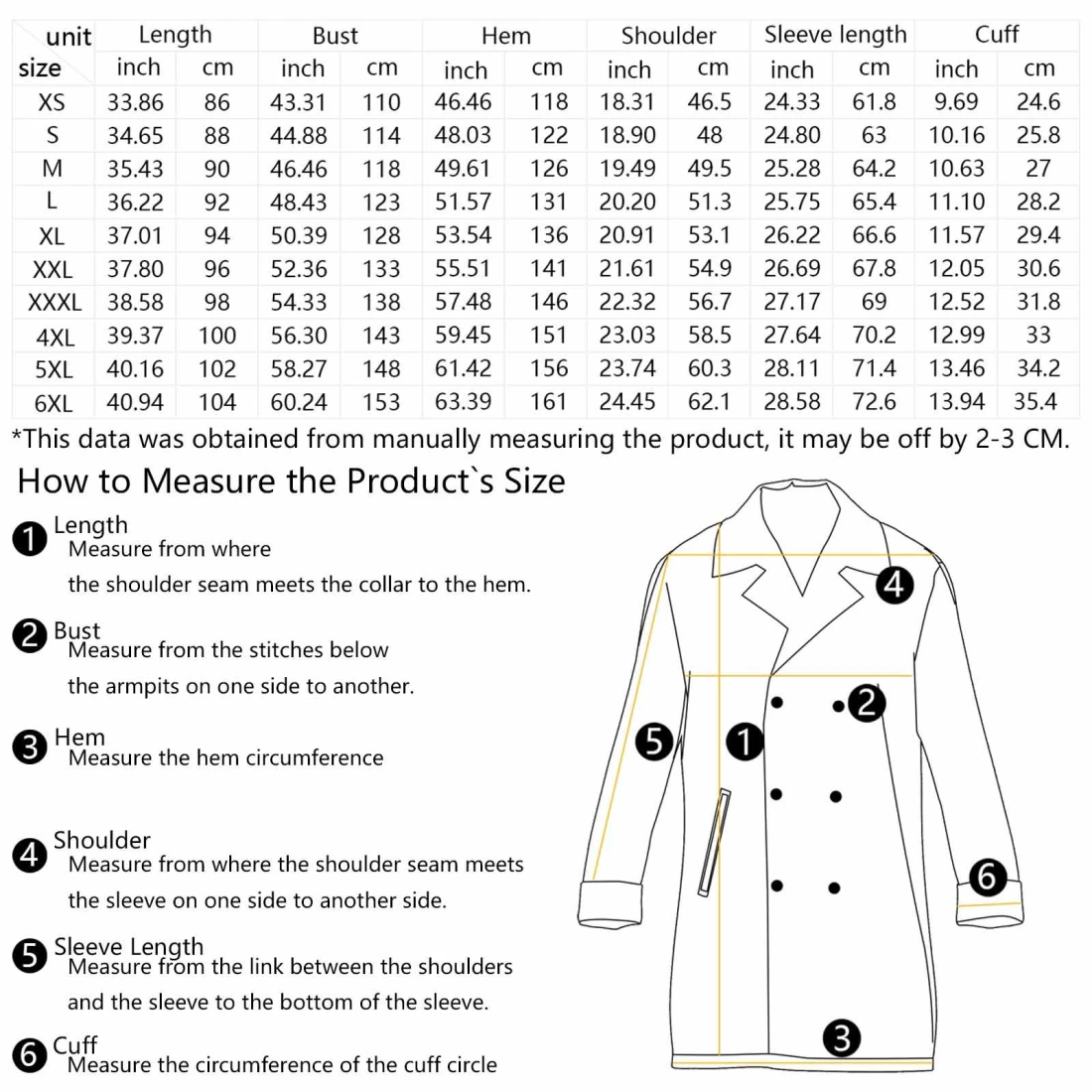 Men's Double Breasted Coat size chart