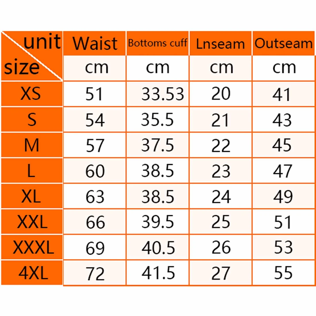 Men's Cycling Bib Short size chart