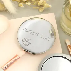 Personalised Floral Round Compact Mirror, Engraved Name Pocket Mirror Gift for Her thumbnail 2