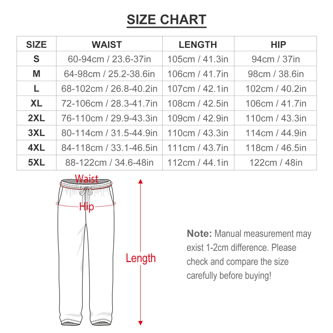 Lounge Pants（Unisex） size chart