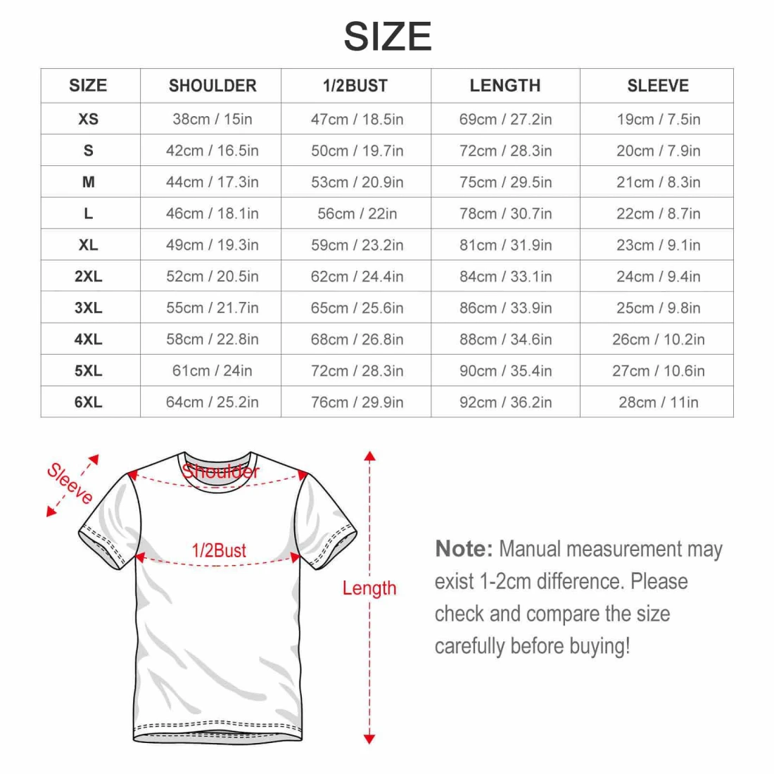 All-Over Print Casual T-shirt size chart