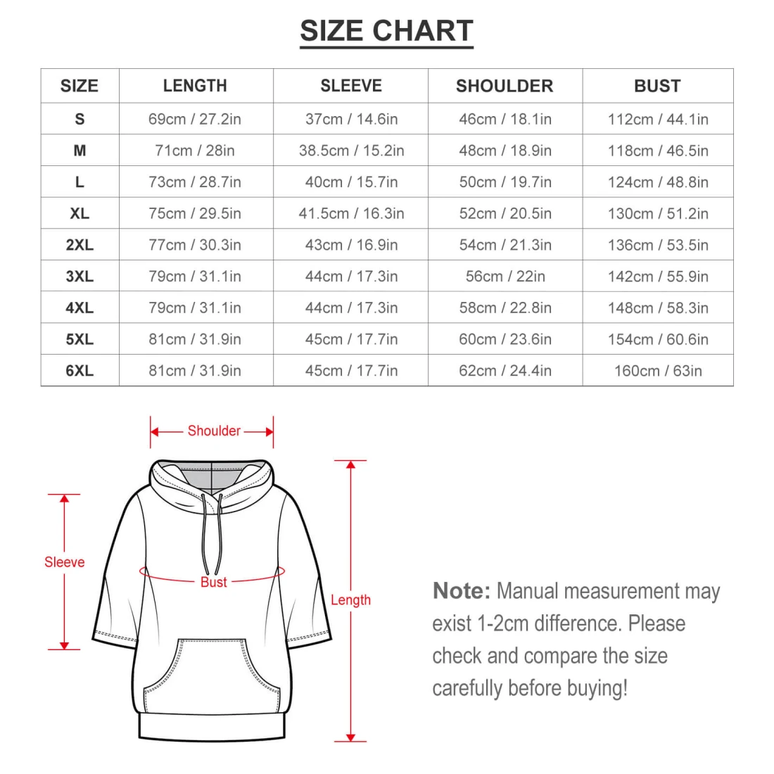 Men's Mid-Sleeve Hoodie LM033 size chart