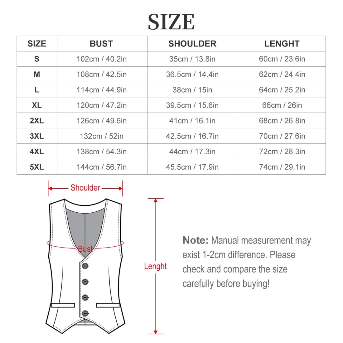 Men's Sleeveless Suit Vest size chart