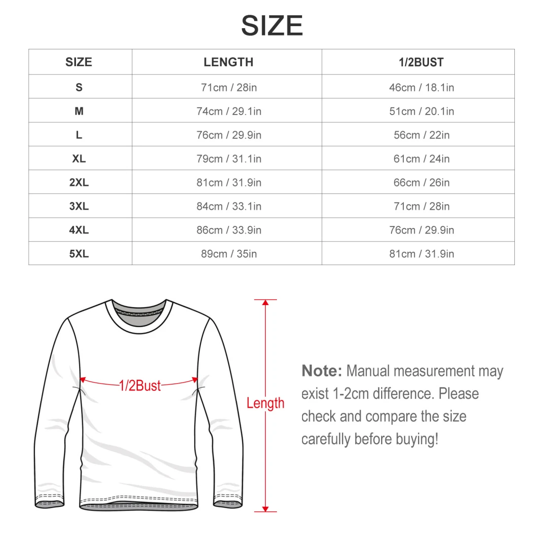 Cotton Long Sleeve Shirt(Front Printing) size chart
