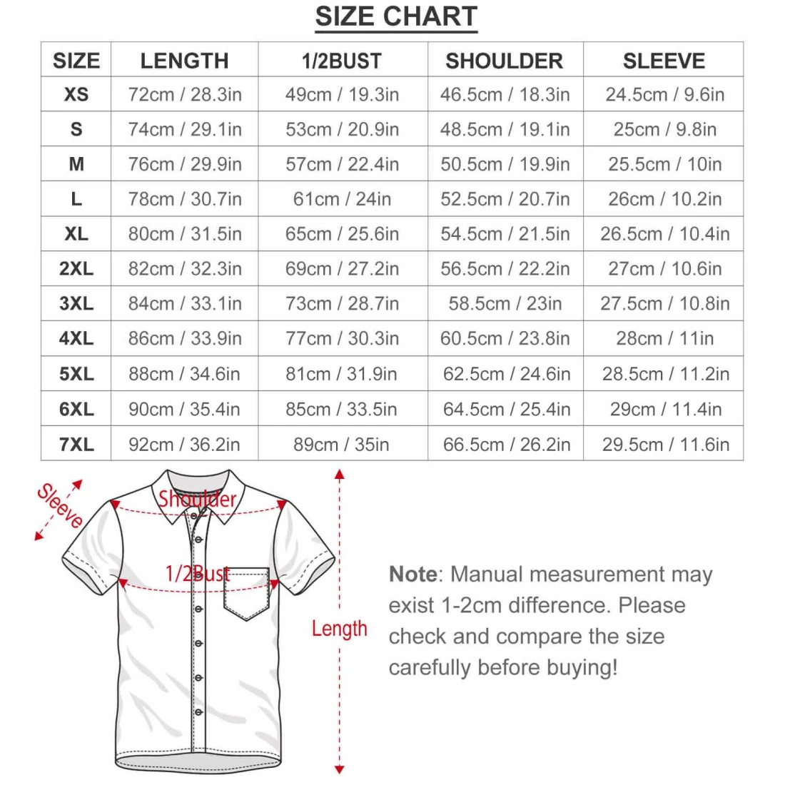 Men's Short Sleeve Shirt with Pocket B339 size chart