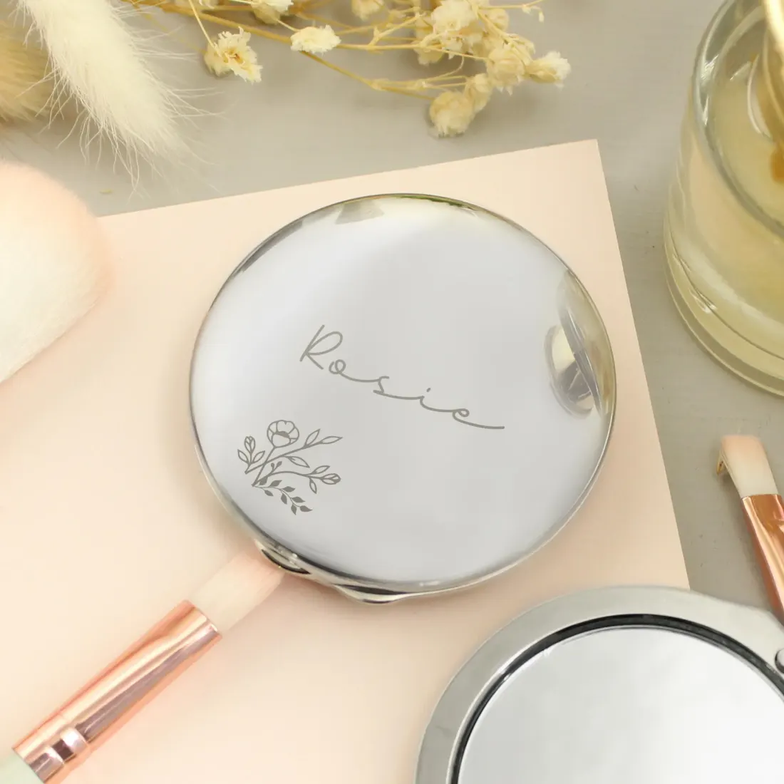 Personalised Floral Round Compact Mirror, Engraved Name Pocket Mirror Gift for Her — photo 3