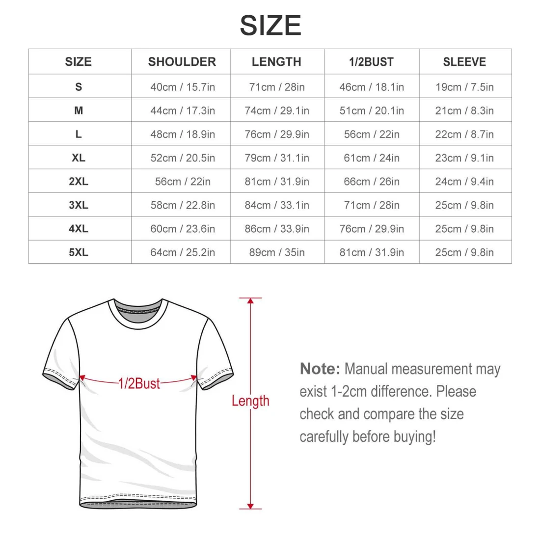 Men's Cotton T-Shirt (Front Printing) size chart